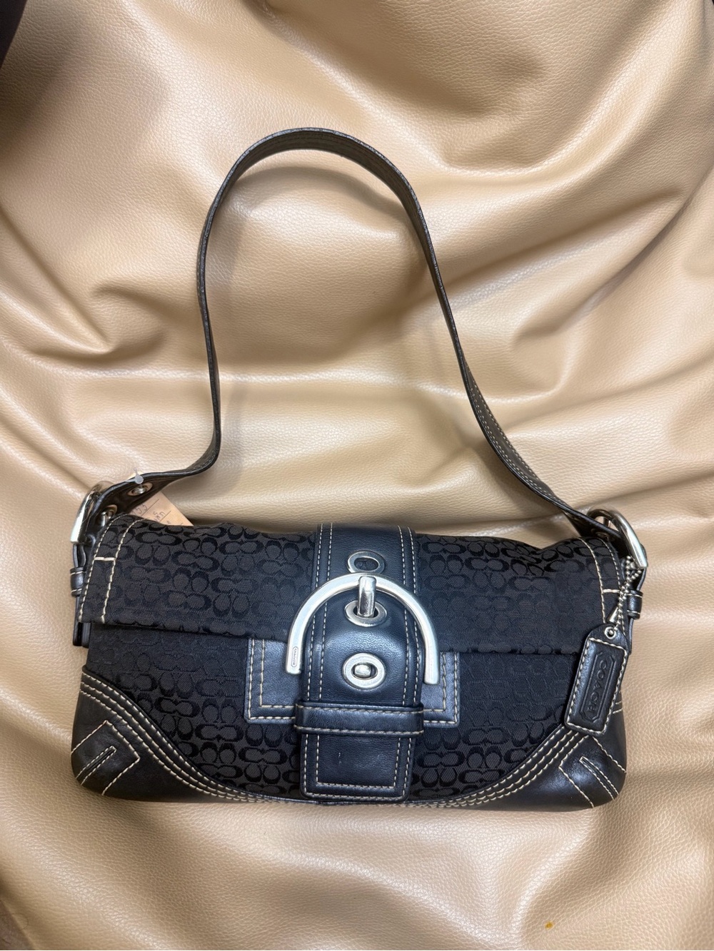 Coach Black Logo Jacquard Shoulder Bag with Silver-Tone Buckle